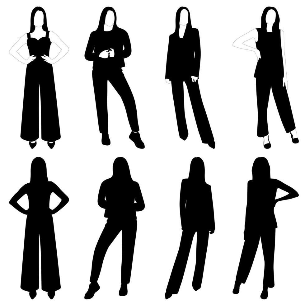 Set of vector silhouette of a slender girl, a woman in a fashionable suit standing. Adult model.