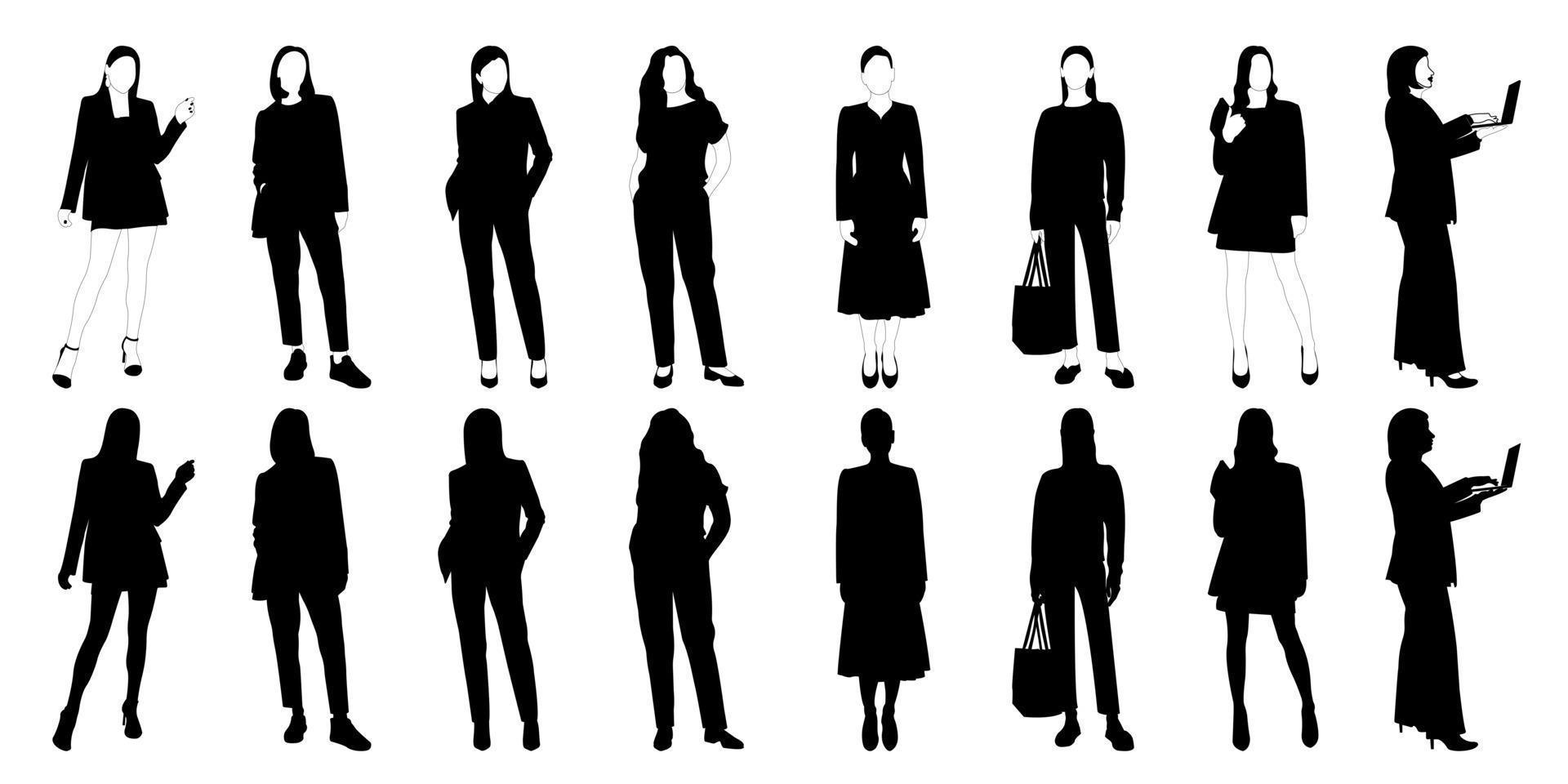 Set of vector silhouette of a slender girl, a woman in a fashionable suit standing. Adult model.