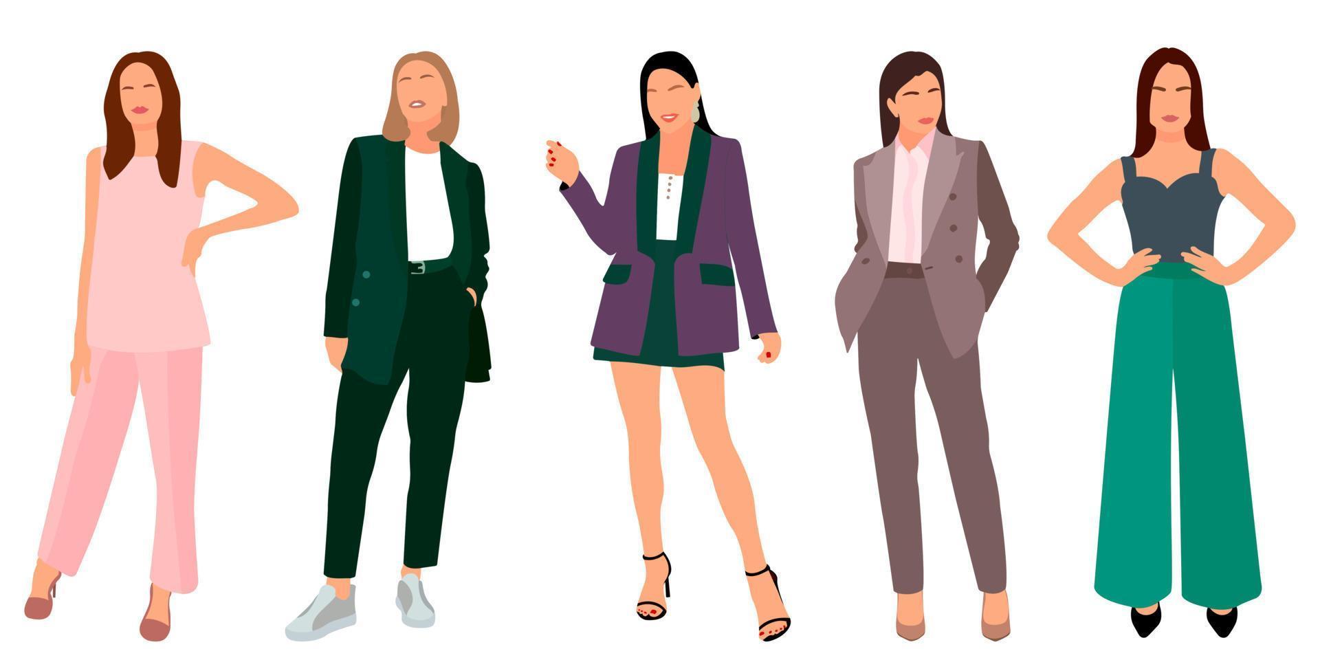 Set of a slender girl in a business suit standing. Adult model. Vector isolated