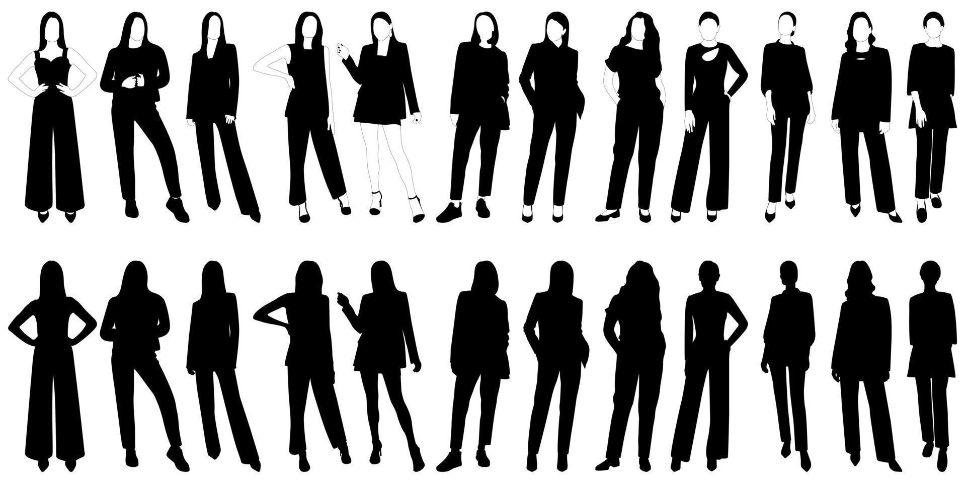 Set of vector silhouette of a slender girl, a woman in a fashionable suit standing. Adult model.