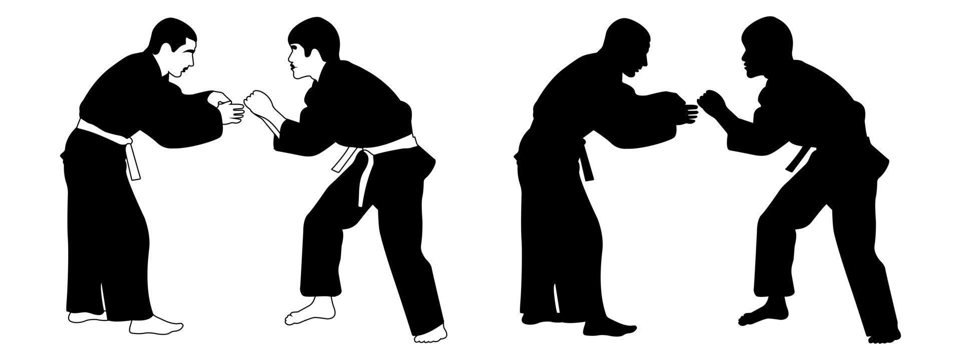 el contorno de la silueta negra de un atleta judoka en un duelo, lucha. deporte de judo, arte marcial. vector