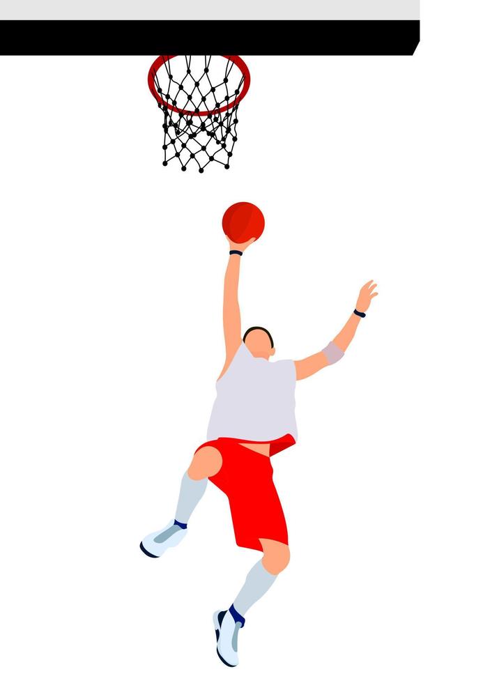 atleta jugador de baloncesto en el juego de pelota. baloncesto. lanzamiento de anillo. estilo plano isométrico. vector