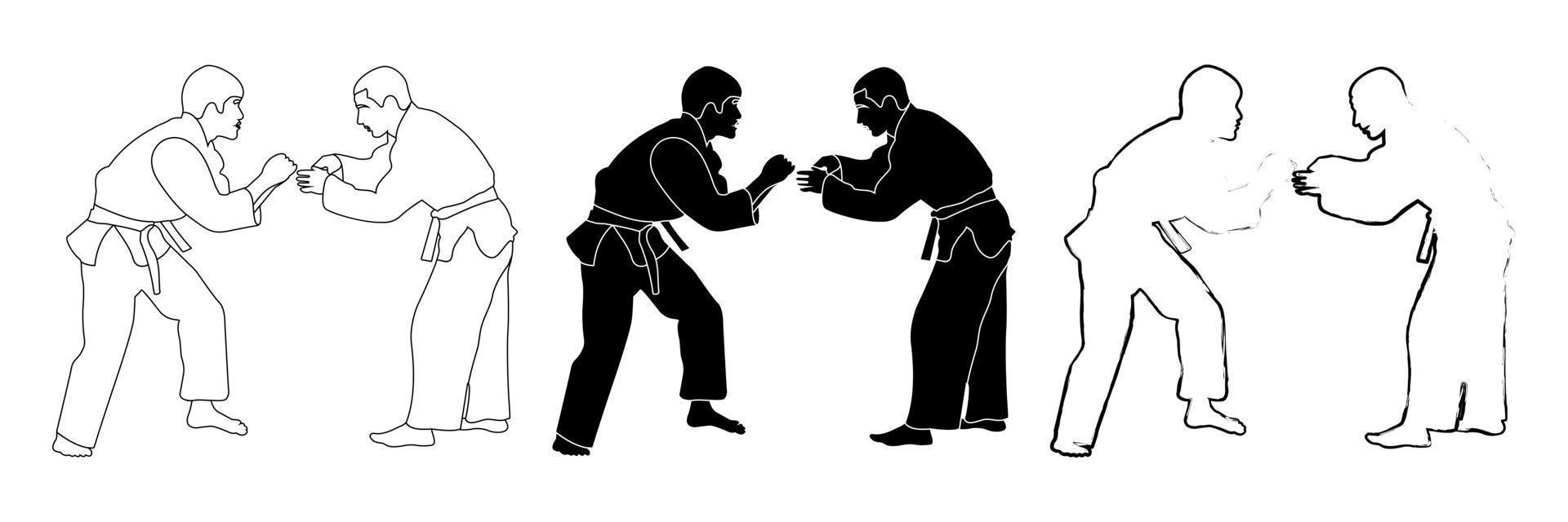Outline sketch of a black and white silhouette of a judoka athlete in a duel, fight. Judo. Martial arts. vector