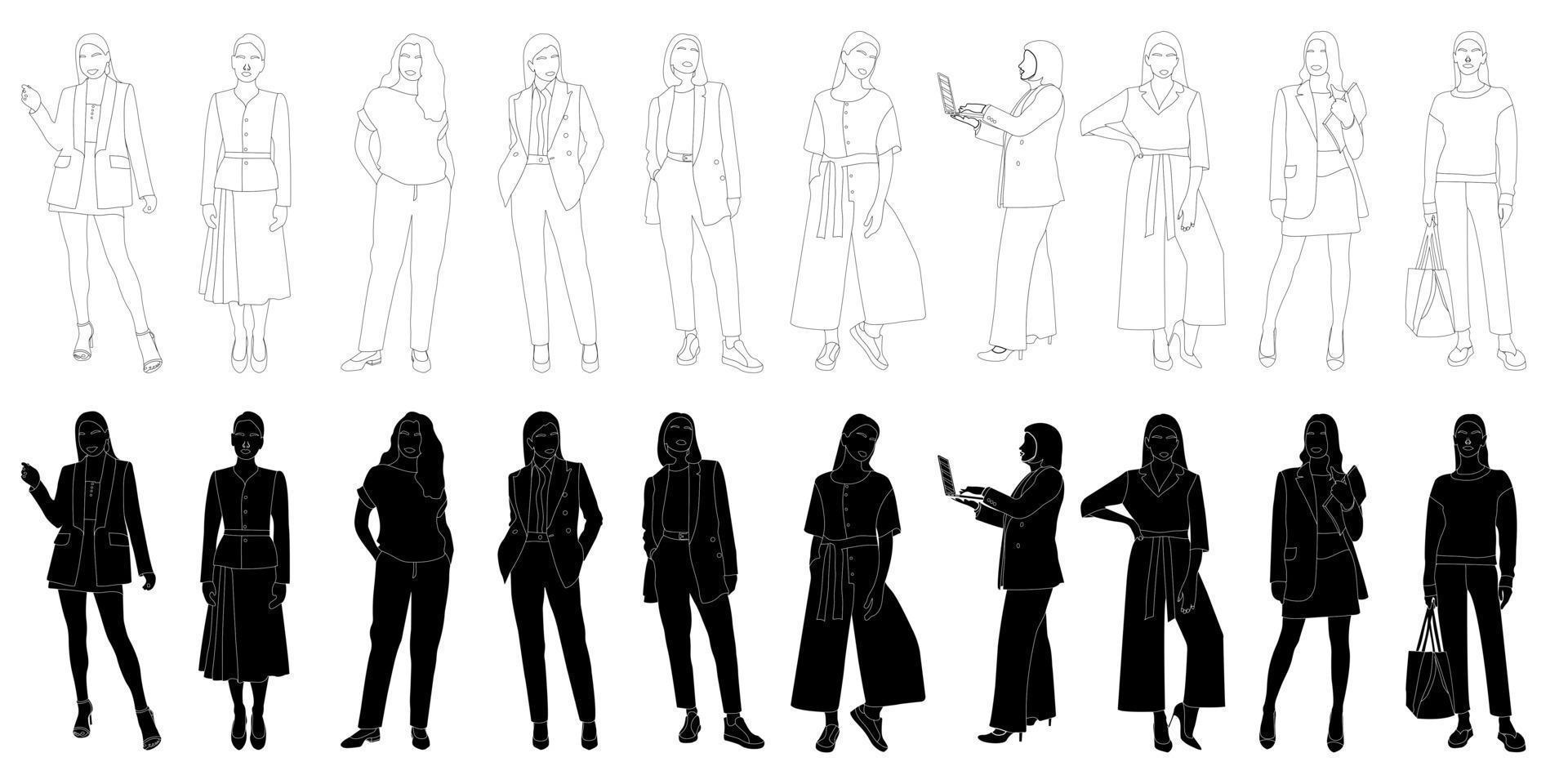 Slender girls and women standing, line drawing, set of silhouettes, vector isolated