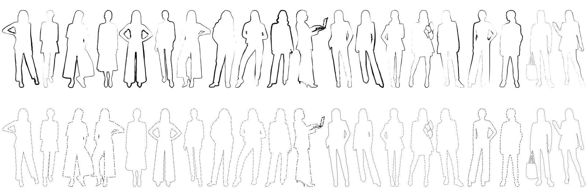 Slender girls and women standing, continuous line drawing, outline set, vector isolated