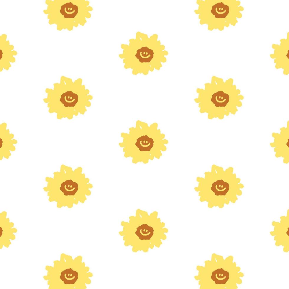 Hand drawn vector illustration of daisy flower with smiley face pattern in cartoon style. Pattern for textile, fabric, wrapping paper.