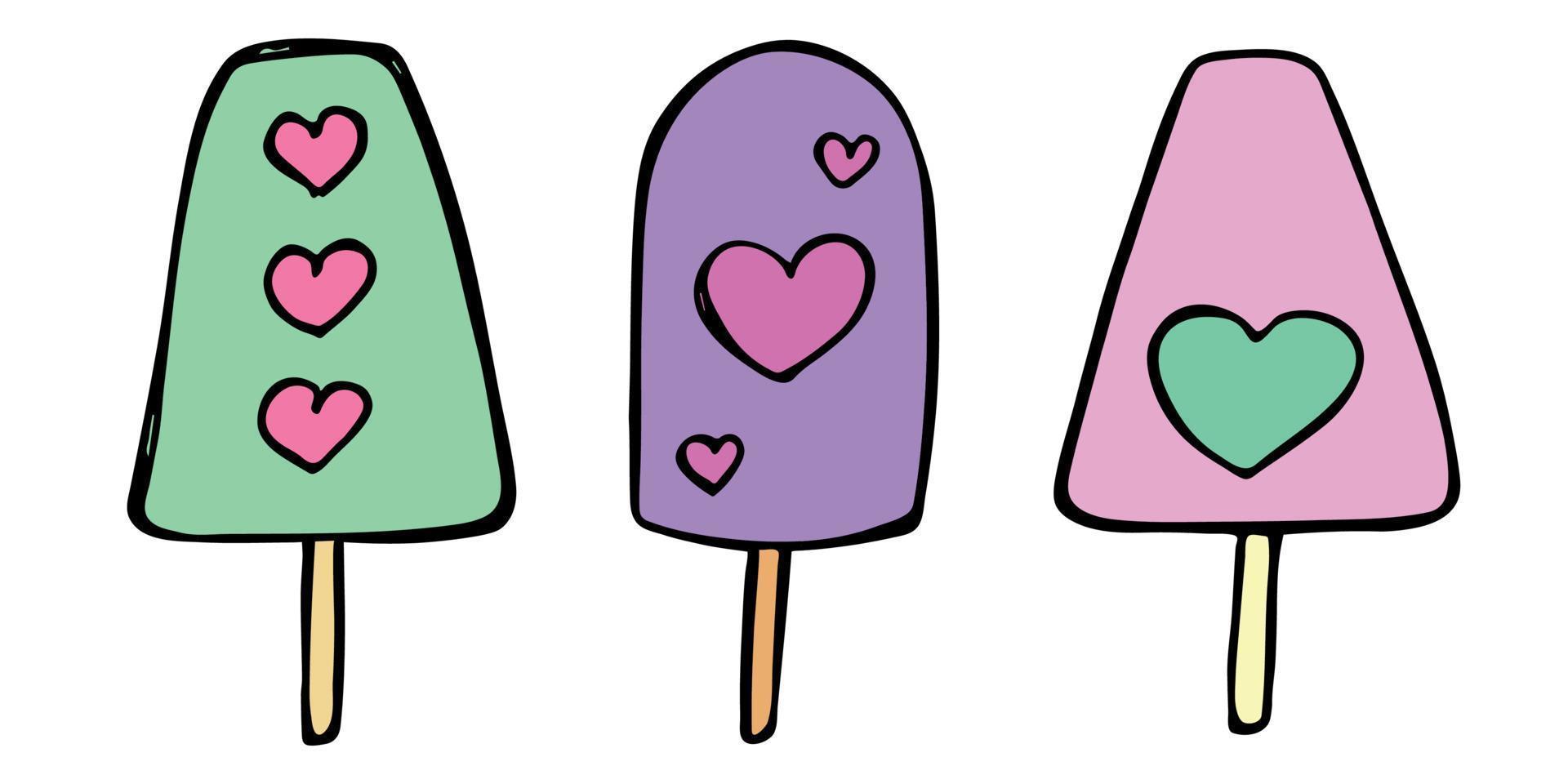 conjunto de vectores de ilustración de helado dibujado a mano. lindas imágenes prediseñadas de postre. para impresión, web, diseño, decoración, logotipo.