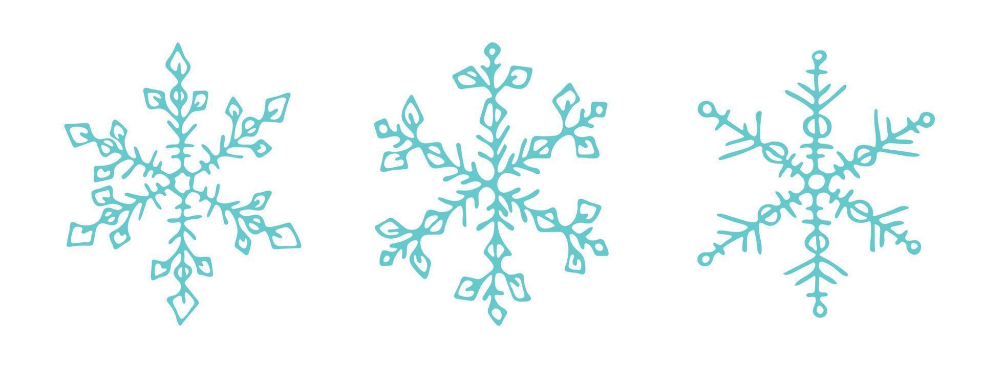 Set of cute hand drawn snowflakes. Vector doodle illustration. Christmas and New Year modern design. For print, web, design, decoration, logo.