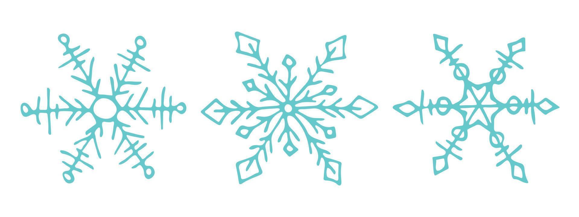 Set of cute hand drawn snowflakes. Vector doodle illustration. Christmas and New Year modern design. For print, web, design, decoration, logo.