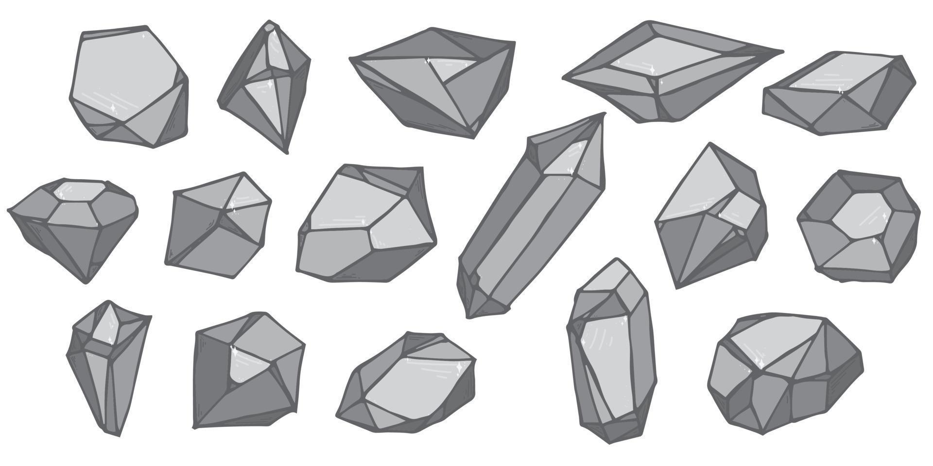 Hand drawn crystals set. Geometric gems diamonds vector illustrations collection. Colorful shard of glass. For geology, jewelry store, decoration, game, web.