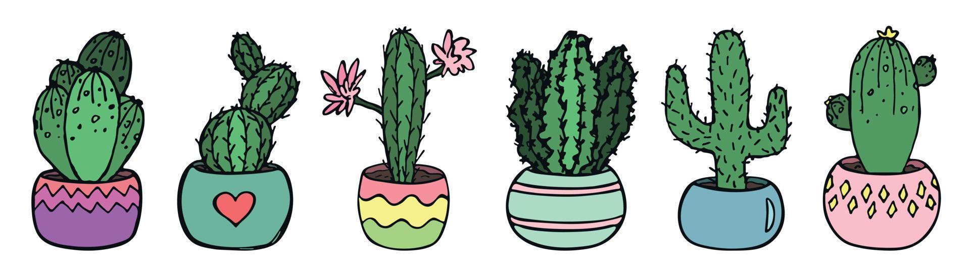 conjunto de lindos cactus simples dibujados a mano. planta de interior en una maceta clipart. ilustración de cactus garabato hogareño acogedor. vector