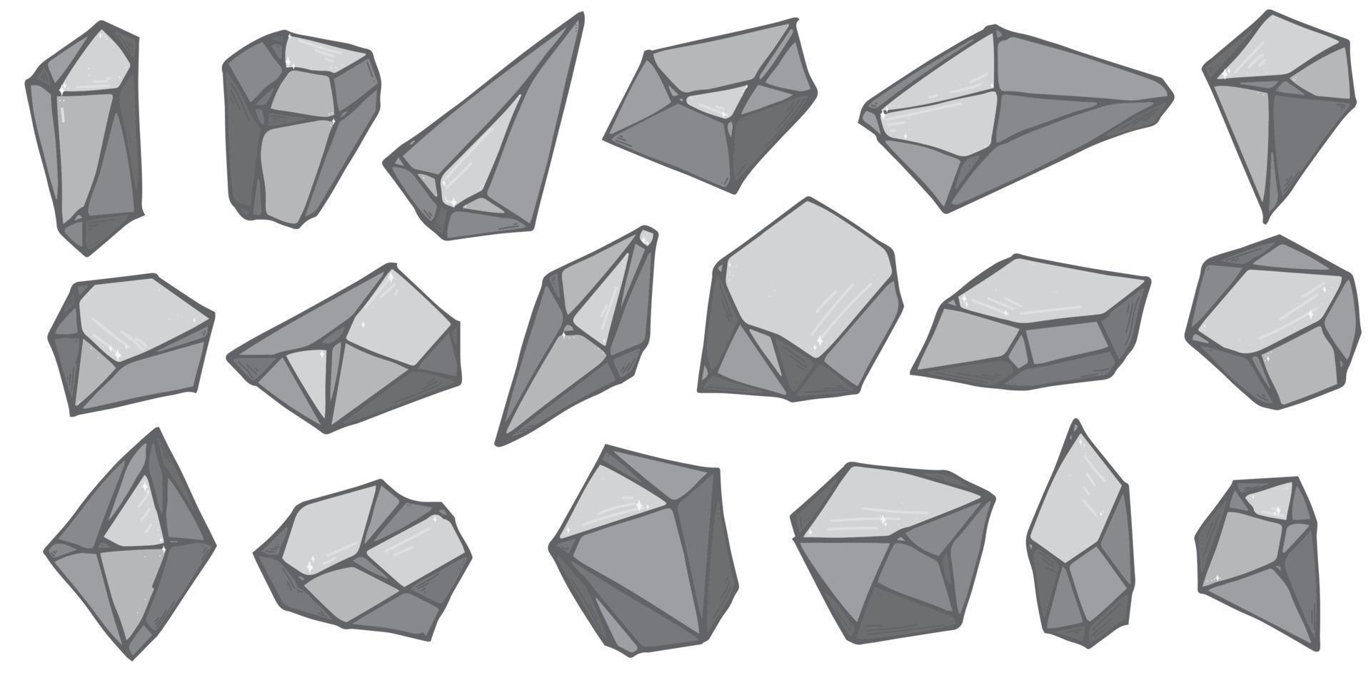 Hand drawn crystals set. Geometric gems diamonds vector illustrations collection. Colorful shard of glass. For geology, jewelry store, decoration, game, web.