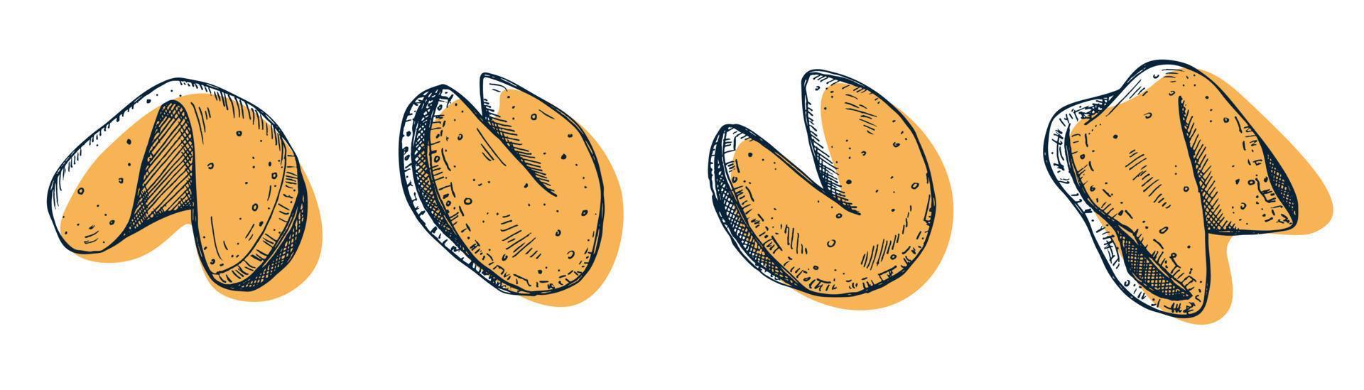 Chinese fortune cookies vector hand drawn set. Colorful food illustration. Crisp cookie with a blank piece of paper inside. For print, web, design, decor, logo.