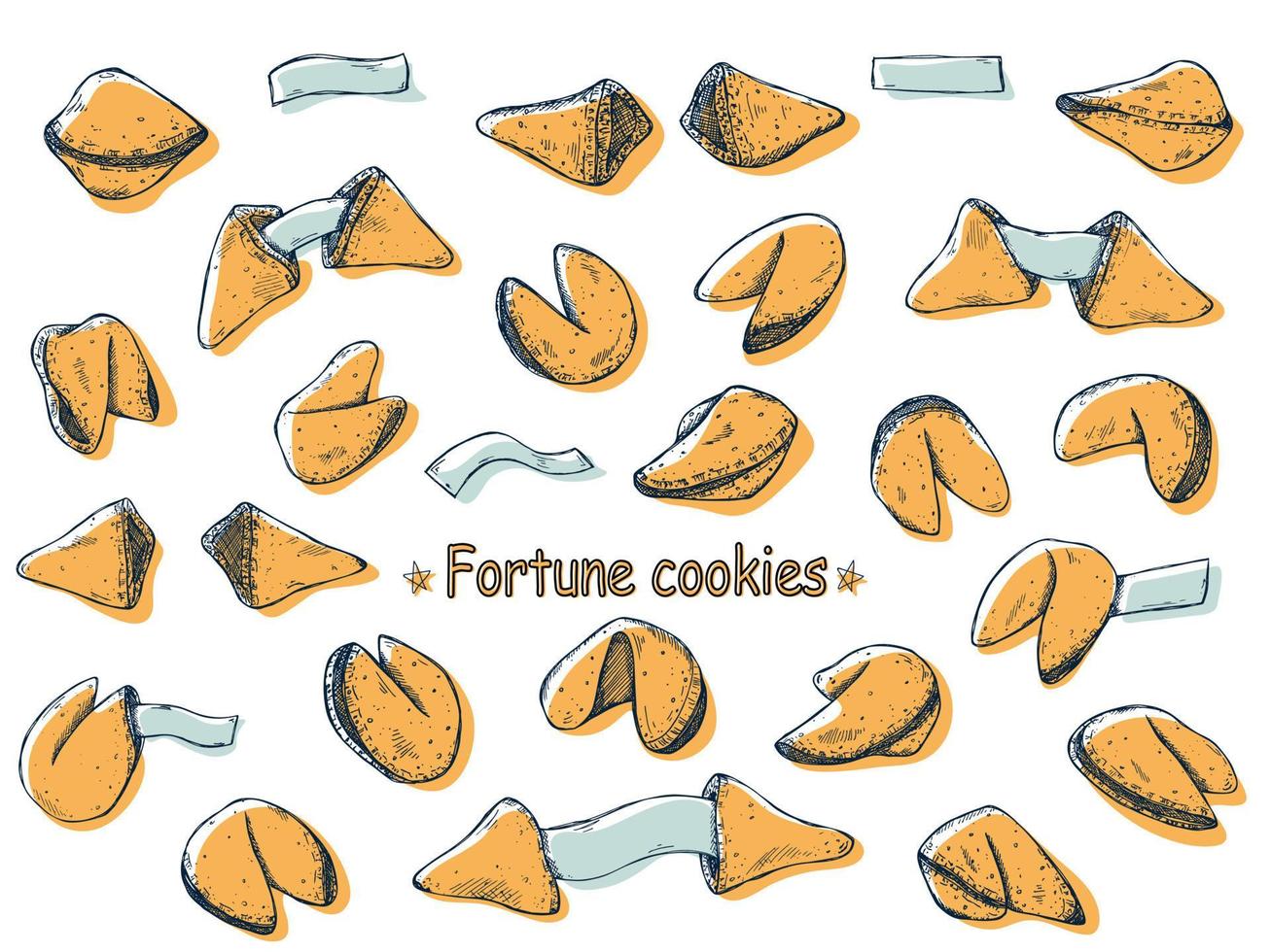 Juego de galletas de la fortuna china vector dibujado a mano. ilustración de comida colorida. galleta crujiente con un papel en blanco dentro. para impresión, web, diseño, decoración, logotipo.