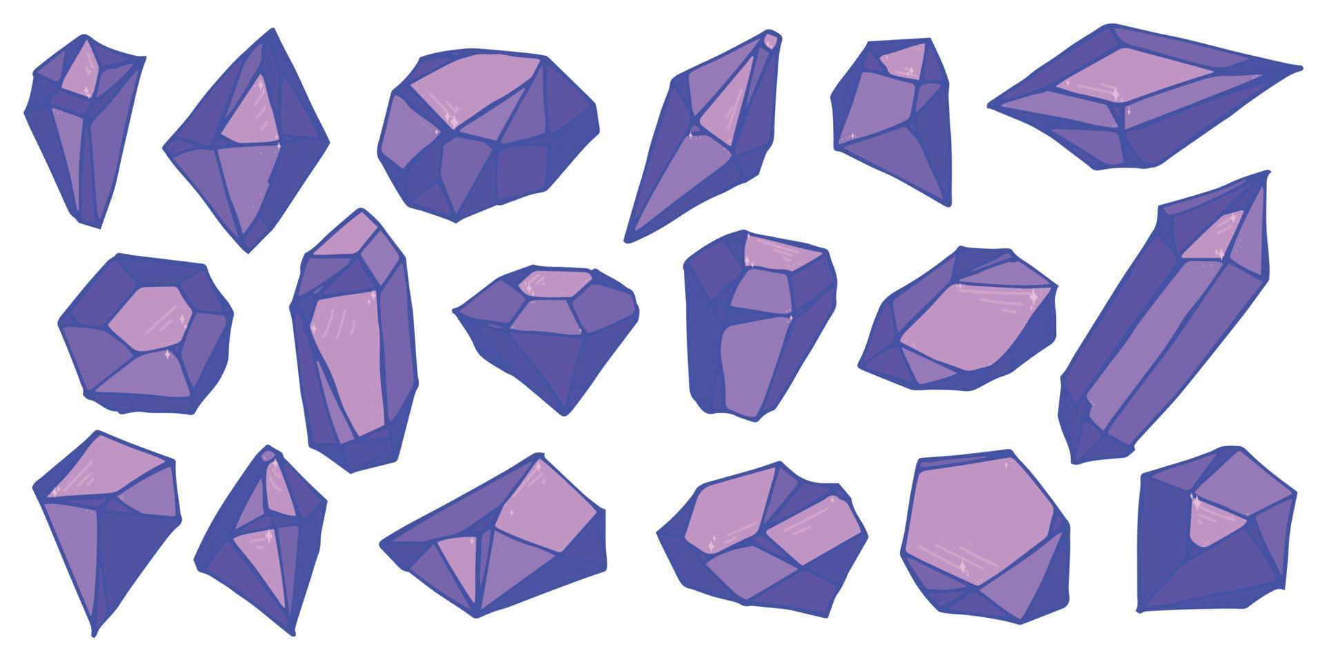 Hand drawn crystals set. Geometric gems diamonds vector illustrations collection. Colorful shard of glass. For geology, jewelry store, decoration, game, web.