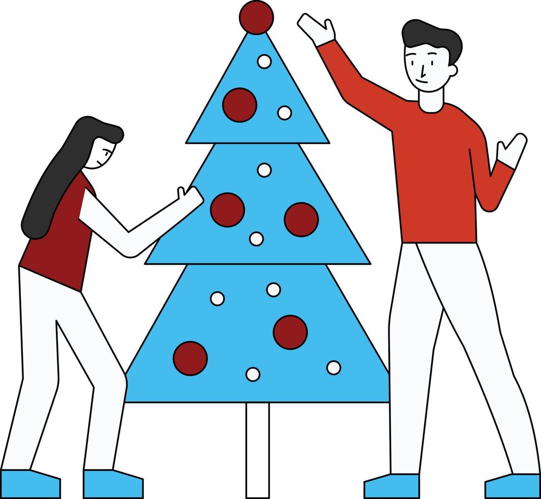 Boy and girl decorating the Christmas tree. vector