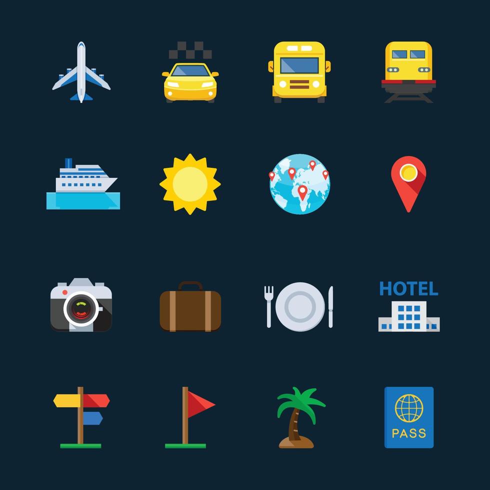 iconos de viajes y vacaciones con fondo negro vector