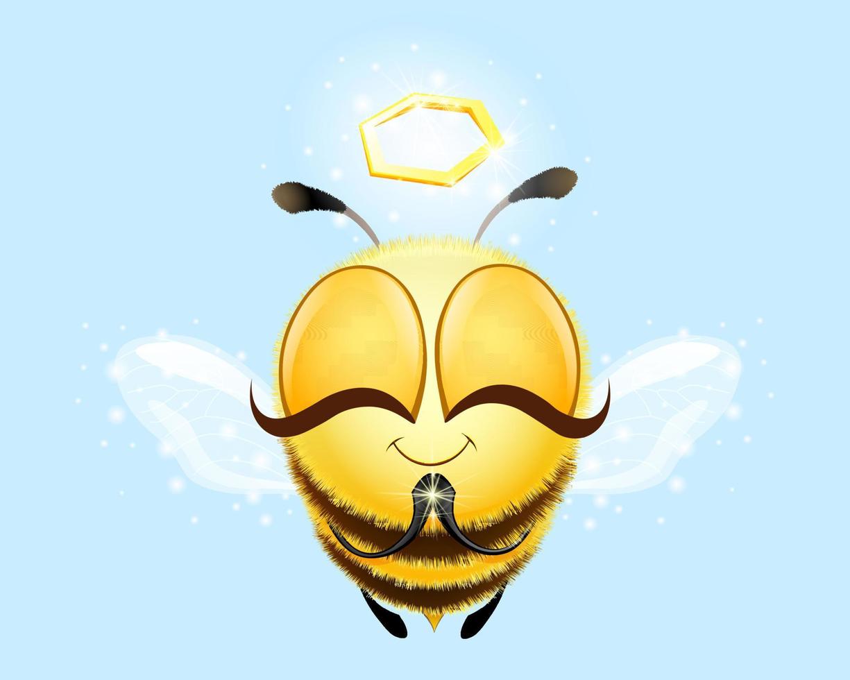 Cute funny cartoon fluffy bee angel character with nimbus. vector