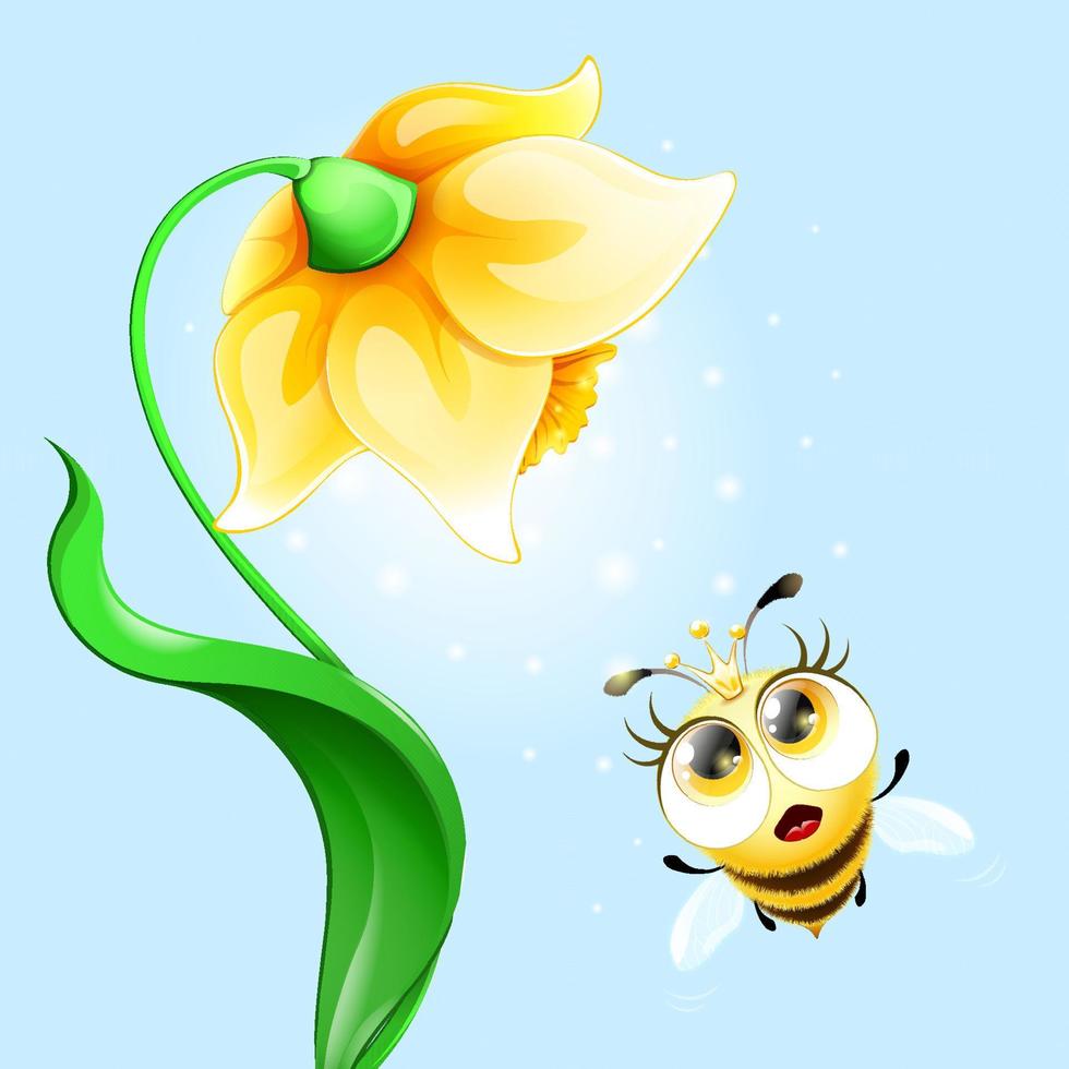 Cute funny cartoon fluffy cartoon bee queen with crown flies to the smell of the flower. vector