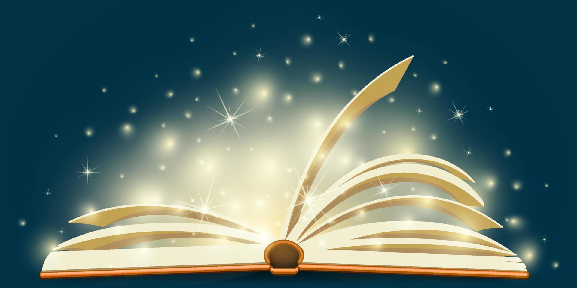 Cartoon open shiny magic book concept with lights and sparkles vector