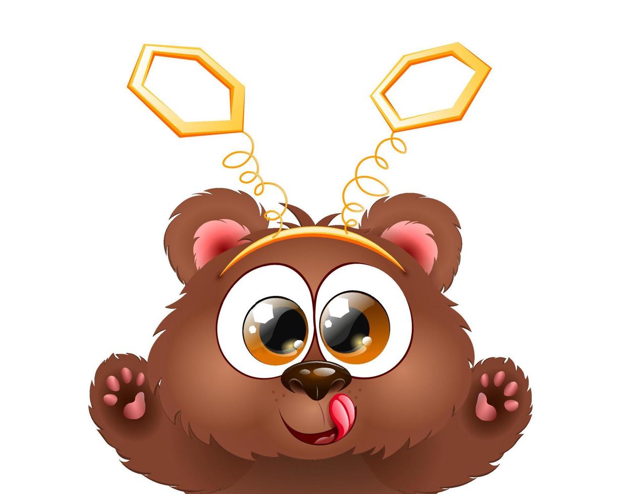 Cute fluffy cartoon funny little brown bear with honeycomb headband. vector