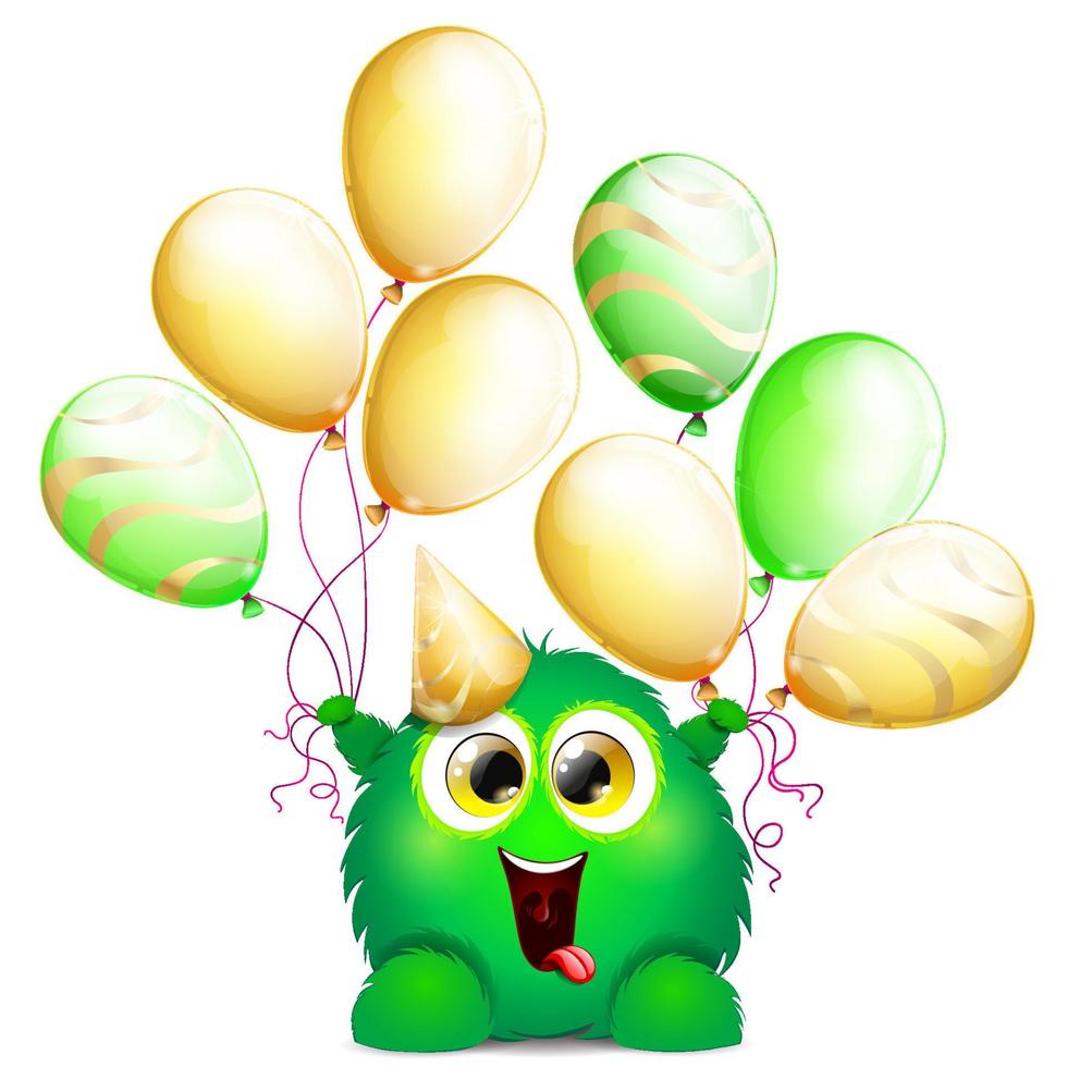 lindo monstruo verde de dibujos animados divertidos y esponjosos con globos de cumpleaños vector