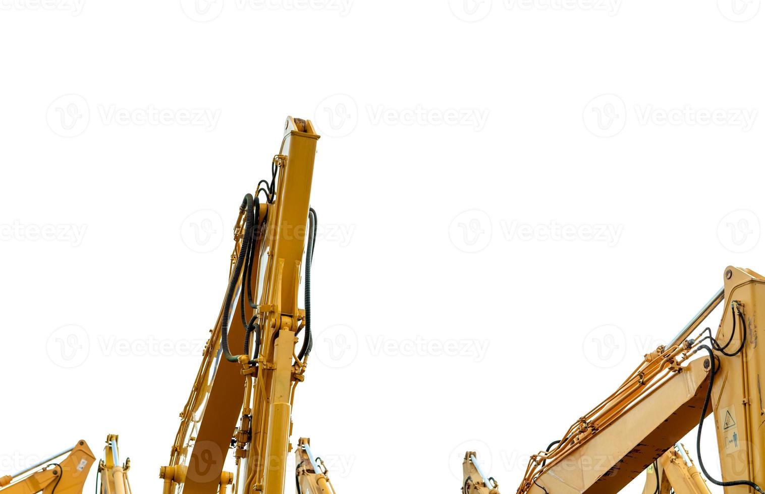 Yellow backhoe with hydraulic piston arm isolated on white. Heavy machine for excavation in construction site. Hydraulic machinery. Huge bulldozer. Heavy machine industry. Mechanical engineering. photo