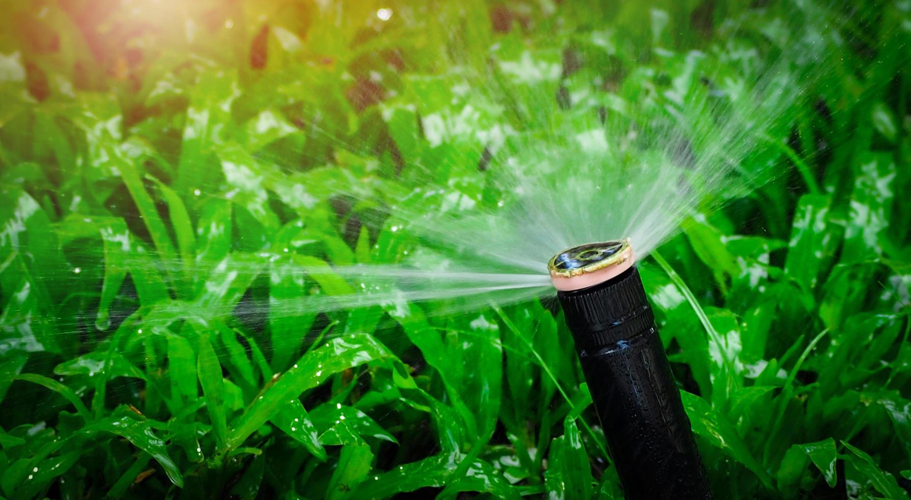 Automatic lawn sprinkler watering green grass. Sprinkler with automatic system. Garden irrigation system watering lawn. Water saving or water conservation from sprinkler system with adjustable head. photo