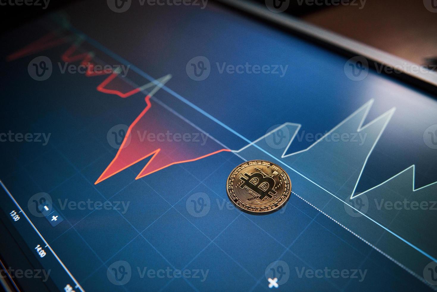 Picture of golden bitcoin lying on the display with graphs in office photo