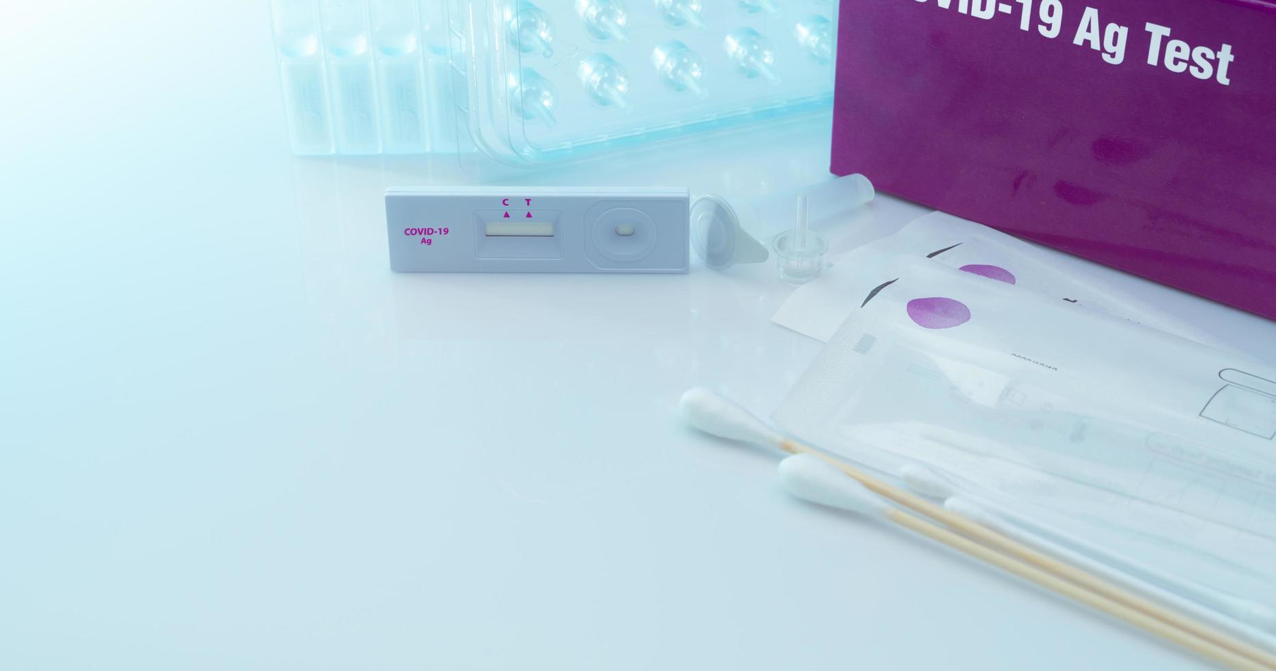 Covid 19 antigen self test for nasal swab. Antigen test kit for home use to detection coronavirus infection. Rapid antigen test. Corona virus diagnosis. Medical device for covid-19 antigen test. photo