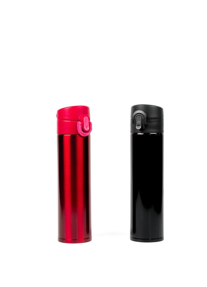 Thermos bottle isolated on white background. Coffee or tea reusable bottle container. Thermos travel tumbler. Insulated drink container. Stainless steel sport thermos water flask. Zero waste. photo