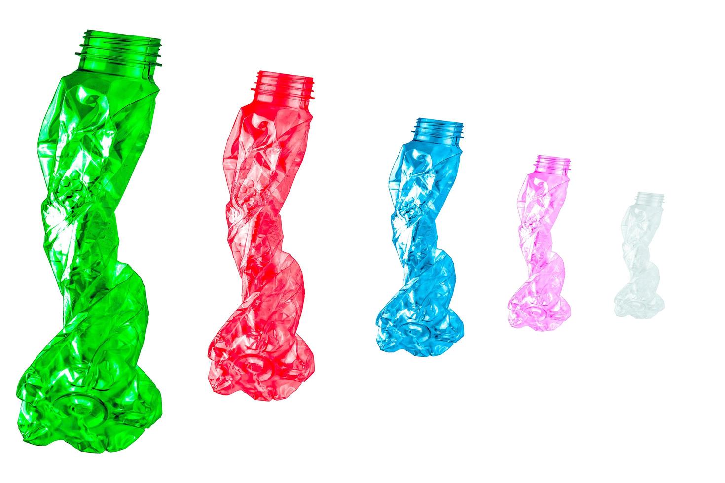 Set of colorful twisted empty plastic bottle isolated on white background. Plastic waste for recycle industry. photo