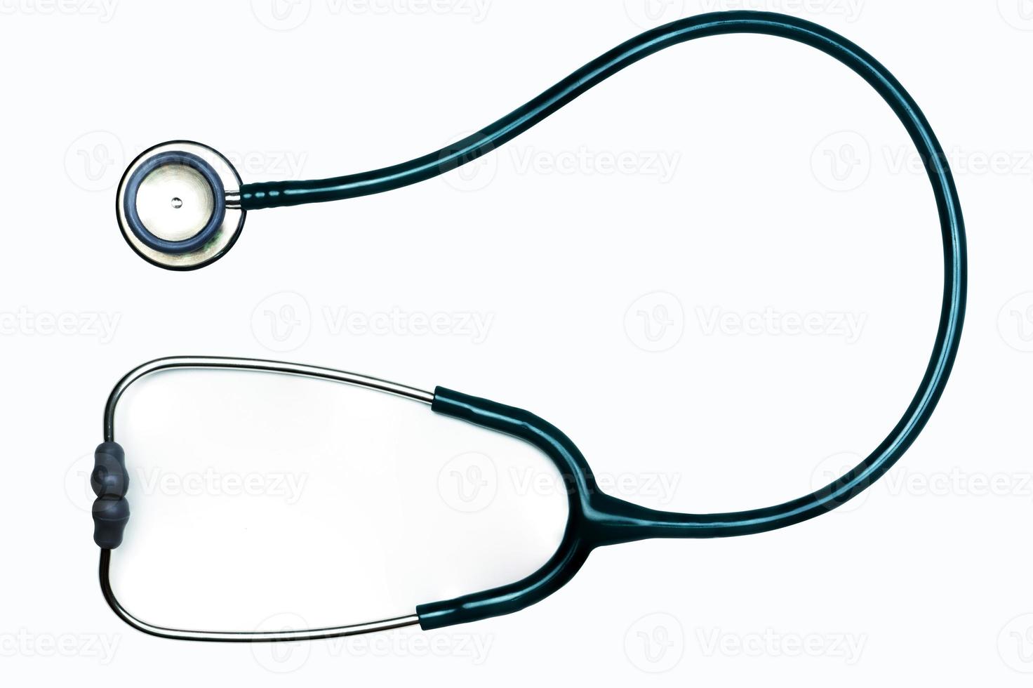 Green stethoscope isolated on white background with copy space. Medical tool for doctor. Health check up concept. Medical equipment for listen heart beat. Clinical Cardiology concept. photo