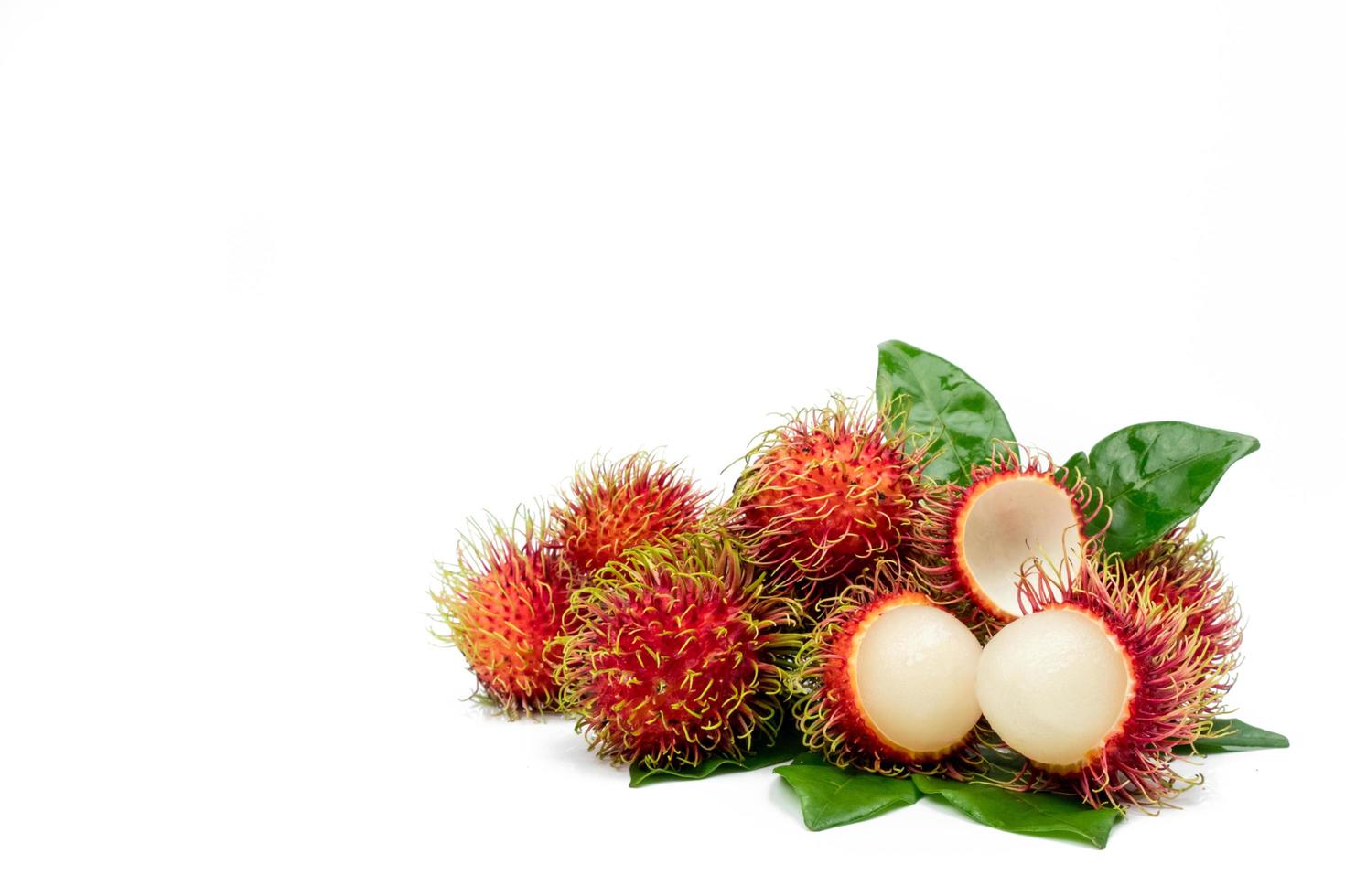 Closeup of fresh red ripe rambutan Nephelium lappaceum with leaves isolated on white background with clipping path. Thai dessert sweet fruits. Tropical fruit. photo