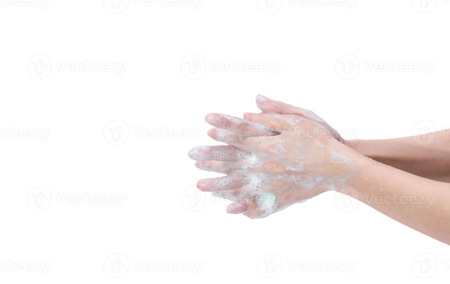 Woman washing hand with soap foam and water. Hand clean for good personal hygiene to prevent coronavirus or flu epidemic.Procedure of hand wash to kill germs, virus, bacteria. Cleaning dirty hands. photo