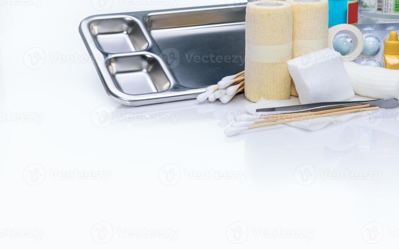 Wound care dressing set. Wound care equipment in hospital for nurse. Conform bandage, forceps, alcohol, cotton sticks, povidone-iodine for infection wound. Medical supply. Medical equipment for nurse. photo