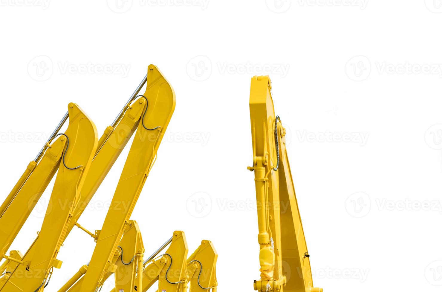 Yellow backhoe with hydraulic piston arm isolated on white. Heavy machine for excavation in construction site. Hydraulic machinery. Huge bulldozer. Heavy machine industry. Mechanical engineering. photo