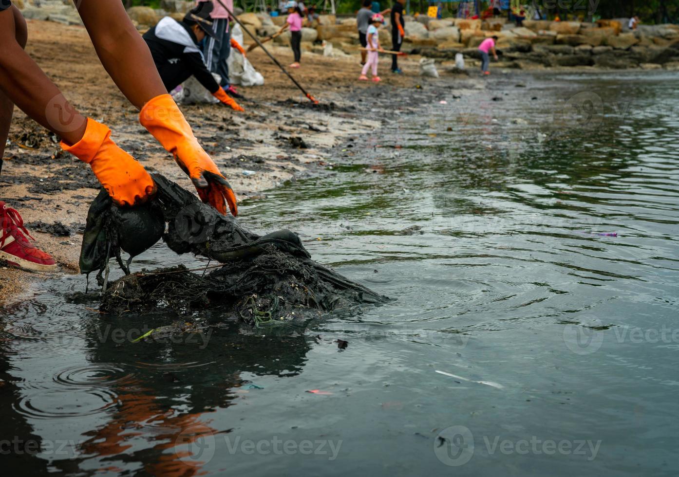 Adult and children volunteers collecting garbage on the sea beach. Beach environment pollution. Tidying up rubbish on beach. People wear orange gloves pull plastic in mud of the sea beach out. photo