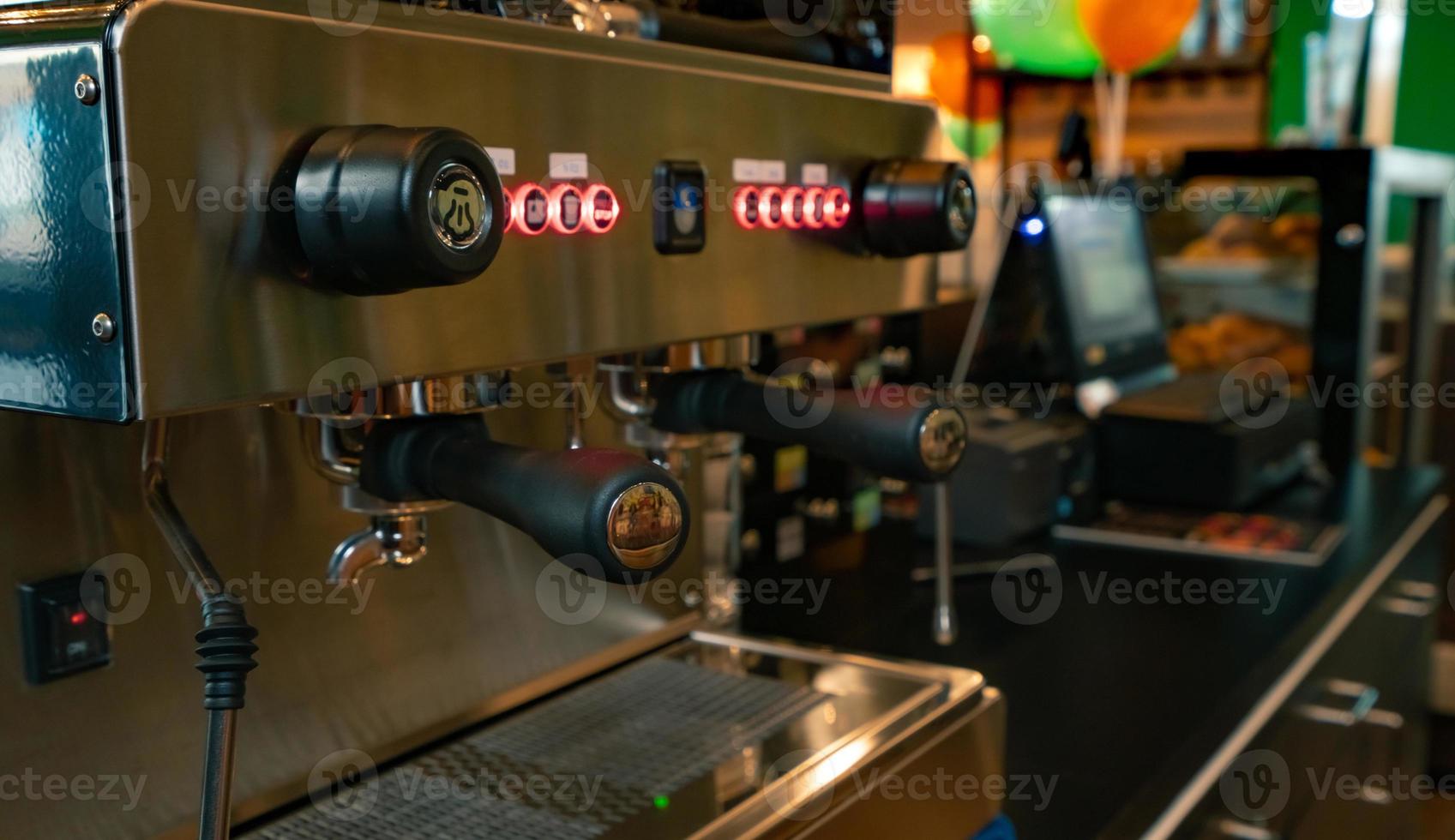 Close up professional coffee machine in coffee shop. Coffee maker for