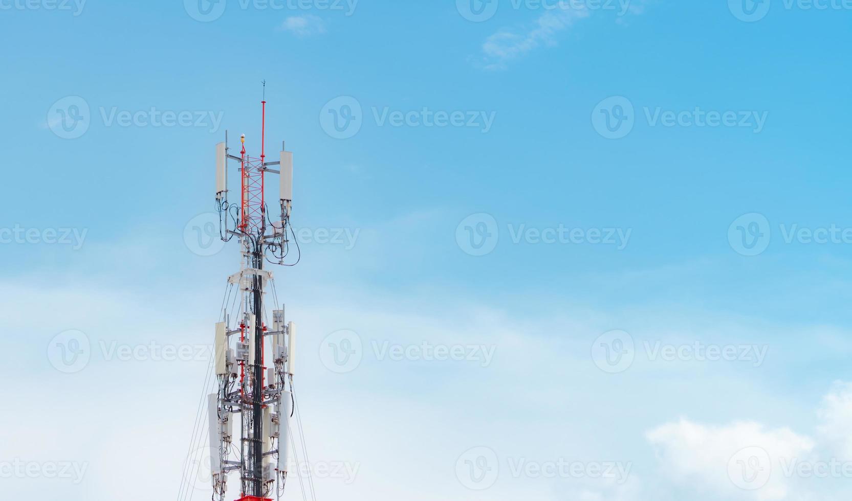 Telecommunication tower. Antenna on blue sky. Radio and satellite pole. Communication technology. Telecommunication industry. Mobile or telecom 5g network. Network connection business background. photo
