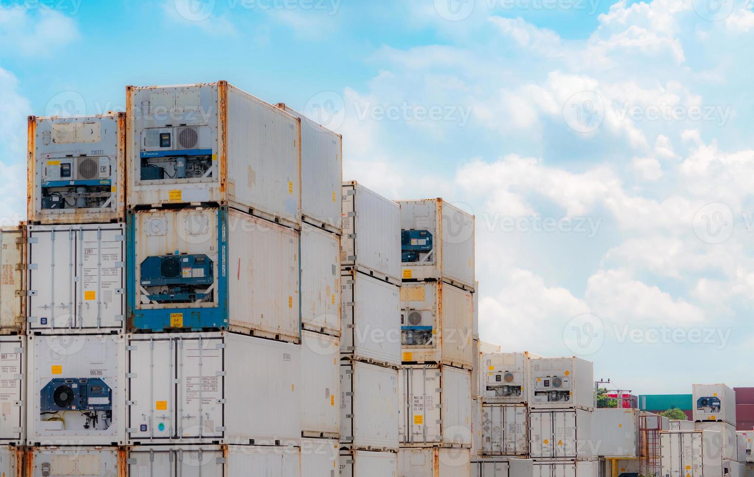 Container logistic. Reefer for shipping frozen food. Refrigerated container for export logistics. Freight transport. Logistic industry. Container for truck transport. Container crisis. Refrigerator. photo