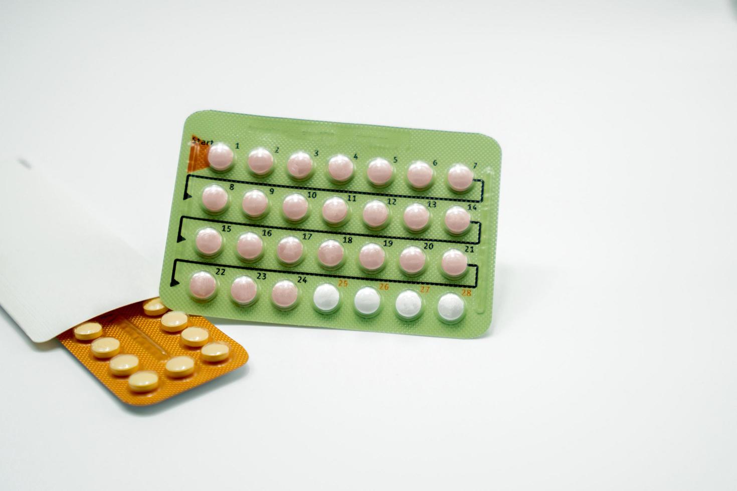 Contraceptive pills in blister pack on white background. Birth control pills. Family planning. Hormones tablet pills. Pharmacy drugstore background. Pharmaceutical product. Estrogen and drospirenone. photo