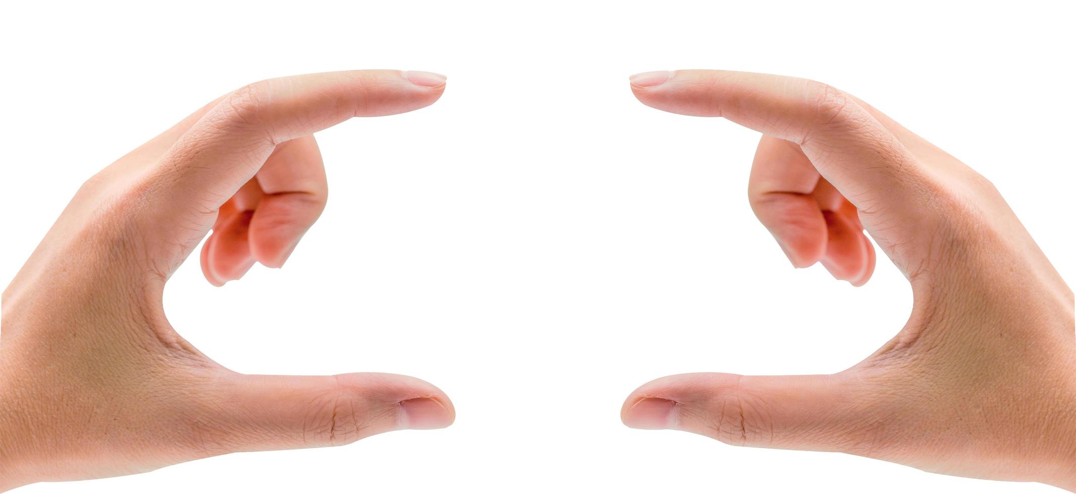 Man hands holding or pressing something isolated on white background photo