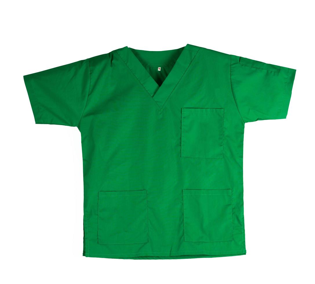 Green scrubs uniform isolated on white background with copy space. Green shirt and for veterinarian, doctor or nurse photo
