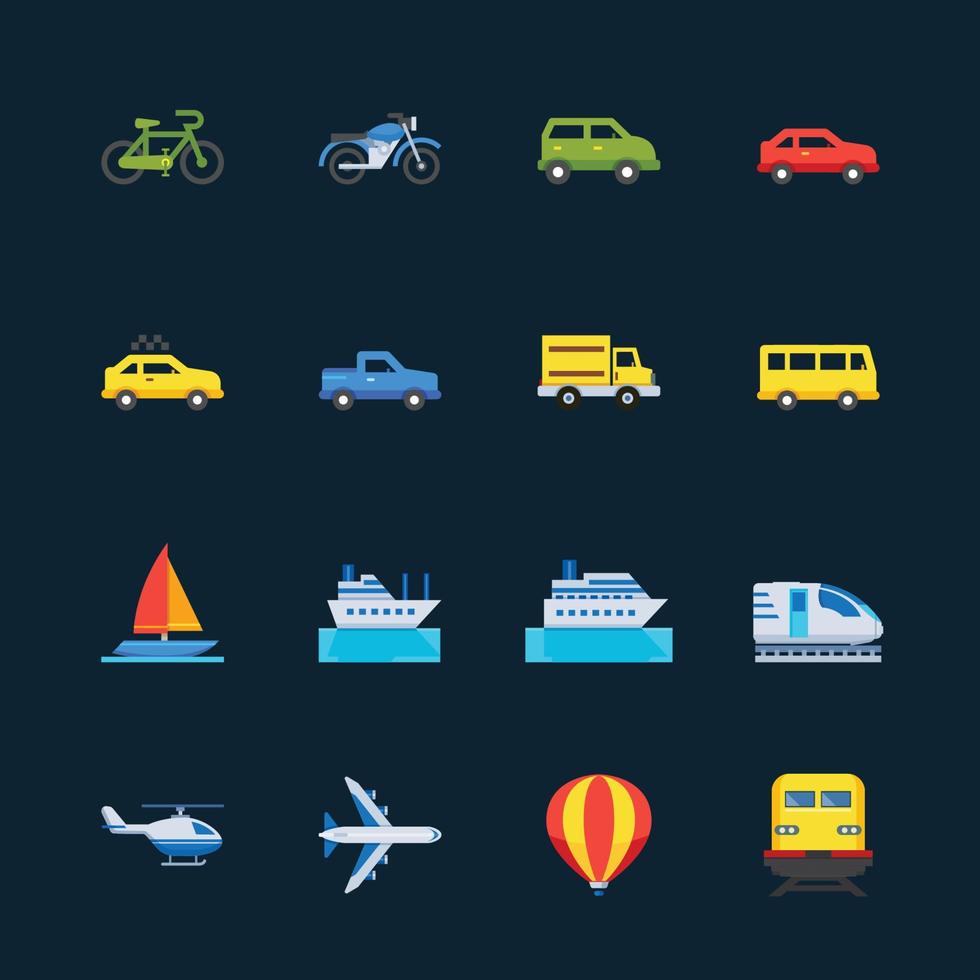 iconos de transporte y vehículos con fondo negro vector