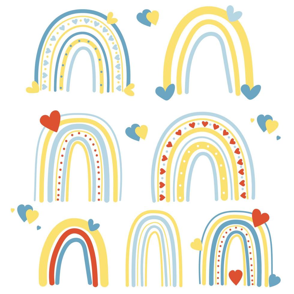 Collection of yellow and blue decorative rainbows with hearts in colors of Ukrainian flag. Vector illustration in scandinavian style. For design, decoration, packaging and decoration, wallpaper, print