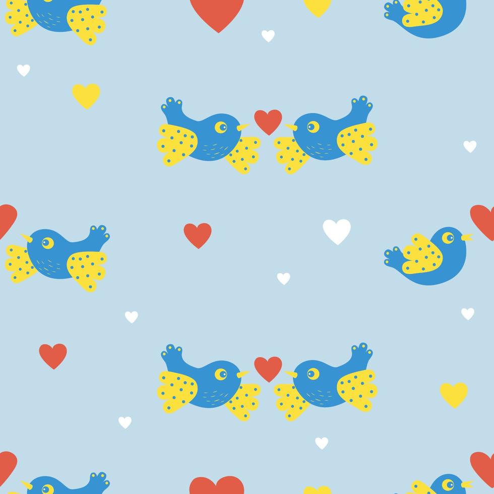patrón impecable con un par de pájaros decorativos con corazón sobre fondo azul claro. ilustración vectorial para decoración, diseño, decoración, impresión, textil y embalaje, papel pintado vector