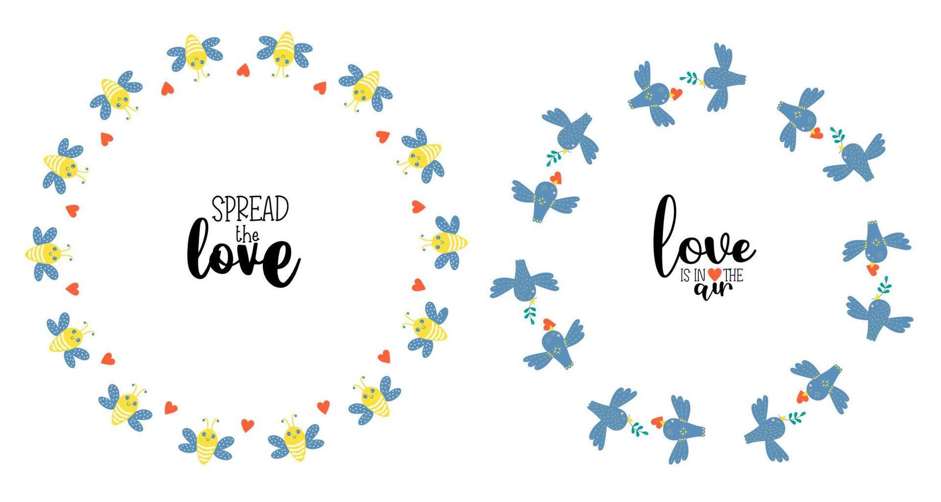 Two postcards - Love is in the air and spread love. Round frame with birds with heart and cute bees. Vector illustration for decor, design, print and napkins, sign and postcard