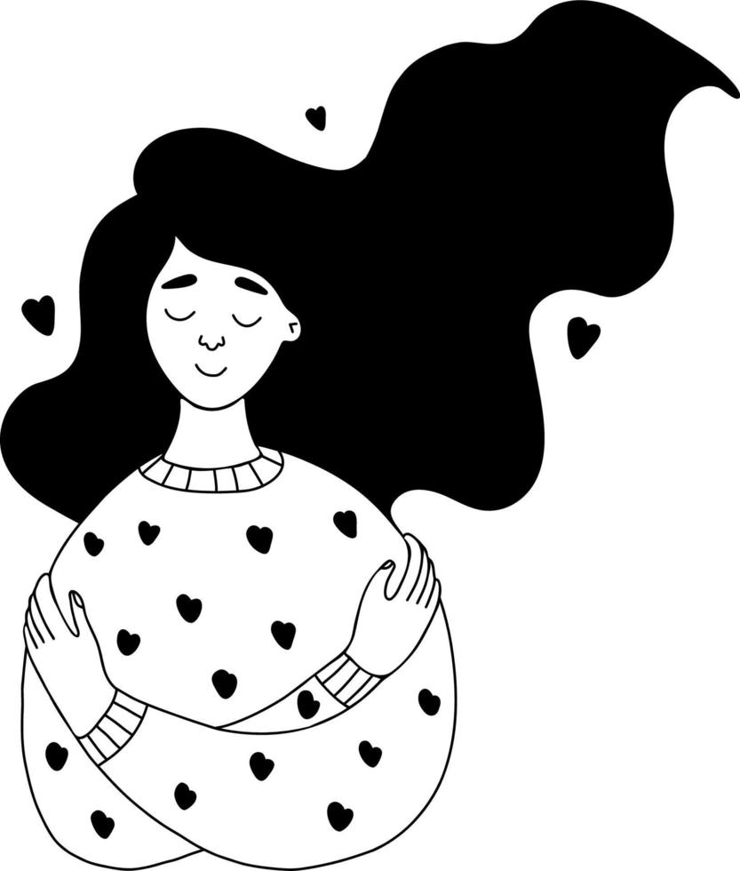 hermosa chica con cabello largo se abraza a sí misma. ilustración vectorial en estilo garabato dibujado a mano. concepto ámate, cuídate y encuentra tiempo para ti vector