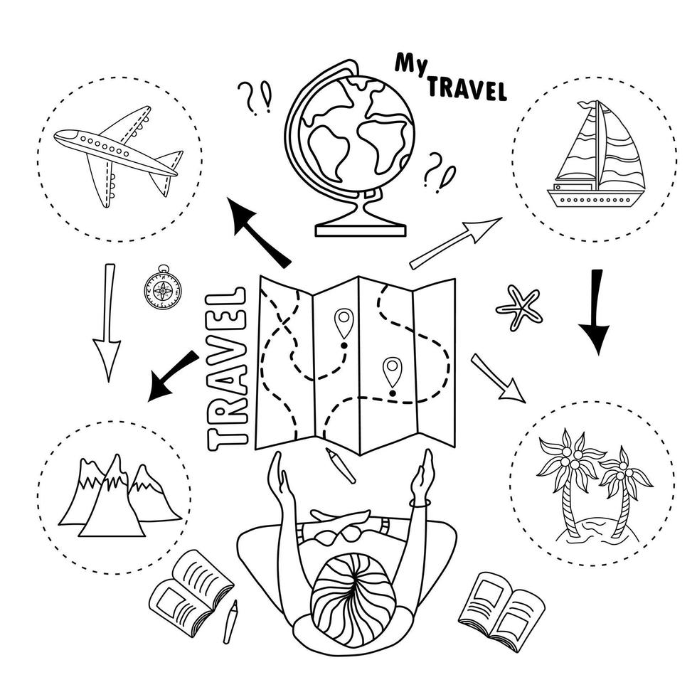 Tourist girl. Chooses and plans trip. Sea or mountains. Doodle set of tourism and transport. Infographic poster. Elements are isolated. Vector illustration